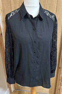 Dorothy Perkins Black Blouse With Lace Inserts Sleeves Size 16 - Picture 1 of 6