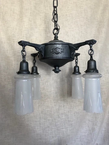 Deco Chandelier Spanish revival Industrial iron finish w wheelcut frosted shades Cover