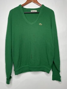 Vintage Izod Lacoste Sweater V Neck Size Large Green 70s USA Acrylic FLAWS - Picture 1 of 9