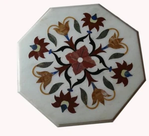 12" White Marble Table Inlay Semi Precious Stones Handicraft Decor - Picture 1 of 4