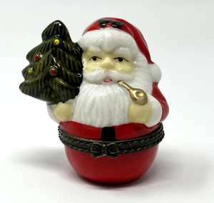 Ceramic Hinged Santa Holding Christmas Tree and Pipe Trinket Keepsake Box 2.5" - Picture 1 of 9
