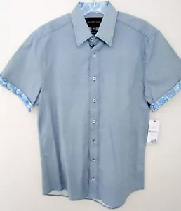 Signature Studio Men Small Button Shirt Modern Fit Short Sleeve Blue Paisley NEW - Picture 1 of 6