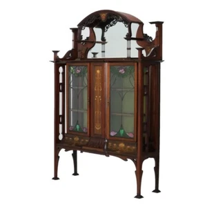 Antique Liberty & Co. Arts & Crafts Carved Mahogany & Inlay China Cabinet C1910 - Picture 1 of 20