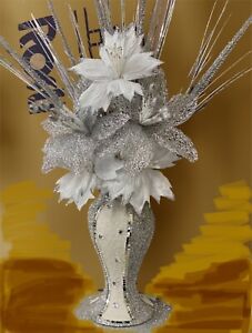 WHITE SILVER VASE WITH FLOWERS MOSAIC CRUSHED CRYSTAL ROMANY BLING 30cms💎
