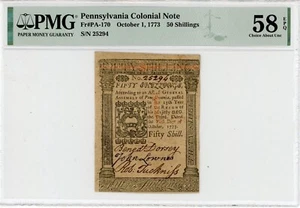 PA Colonial 50 Shillings Note Fr#PA-170 October 1, 1773 58 EPQ PMG 2082376-002 - Picture 1 of 4