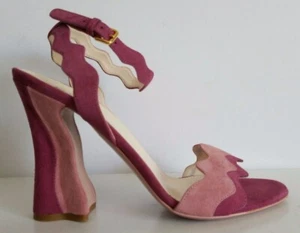PRADA ICONIC RARE SCALLOP PINK SUEDE UNIQUE HEEL SANDALS EU 37 US 6 I LOVE SHOES - Picture 1 of 7