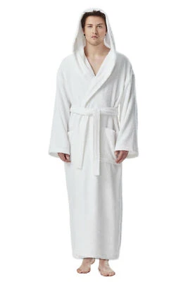 Men's Long Hooded Ankle Length Turkish Cotton Bathrobe Robe MCLASSLONG-WHT-M - Image 1 of 2