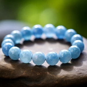Pulsera de cuentas elásticas de 8 mm de piedras preciosas azules aguamarina natural paz interior curación - Imagen 1 de 5