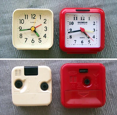 2 Retro Clocks CASIO TQ-110 WHITE and OLYMPUS RED Analog desk ALARM wind up. - Image 1 of 4