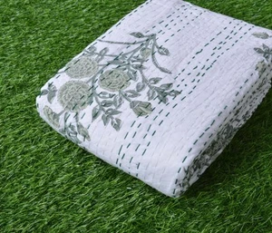 Indian Cotton Kantha Quilt Floral Bedspread Bedding Queen Size Blanket Bed Cover - Picture 1 of 5
