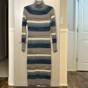 Vintage Y2K Moda International Gray Teal Knit Midi Sweater Dress S Turtleneck - Picture 1 of 17