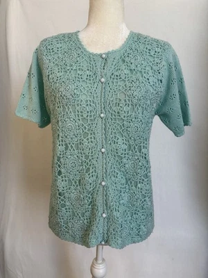 Cárdigan tejido a ganchillo Jaclyn Smith para mujer talla S verde aguamarina con botones manga corta  Foto 1 de 4