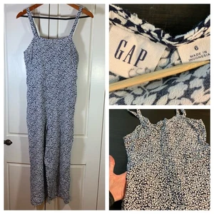 GAP Navy Floral Cami Jumpsuit Women Size 6 Wide Leg Linen Blend Feminine Summer - Picture 1 of 15