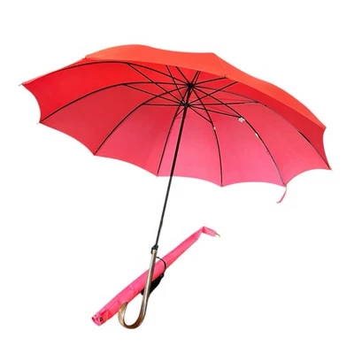 Vintage Pink Parasol Umbrella with Curved Wooden Handle Black Tassel Art Decor - Image 1 of 4