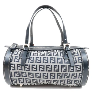 FENDI Zucchino Handbag Canvas Leather Navy Silver HDW Cylinder 16558 Authentic - Picture 1 of 18
