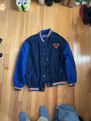 RARE New York Knicks 90s STARTER denim bomber jacket L blue NBA vintage - Image 1 of 2