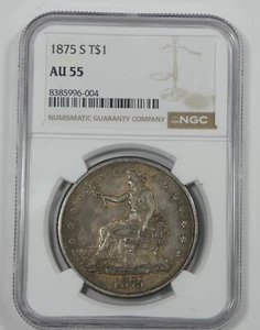 Dólar comercial 1875-S certificado NGC AU 55 dólar de plata - Imagen 1 de 4