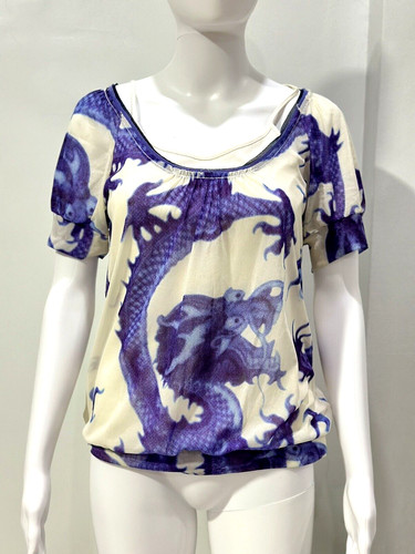 OFF WHITE TOP VIVIENNE TAM DRAGO STAMPA IN RETE NYLON INDACO BIANCO SPORCO TAGLIA S