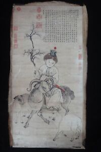 Très grande vieille peinture chinoise à la main fille et moutons avec marques