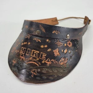 Mike Leather Visor Hat Cap Magic Mushroom Bird Butterfly Flower Sun Tooled Vtg - Picture 1 of 10