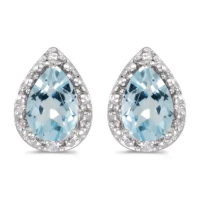 10k White Gold Pear Aquamarine And Diamond Earrings - Image 1 of 2