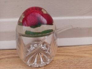 VINTAGE Lucite acrylic perspex jam jar with spoon, raspberries in lid. Retro!