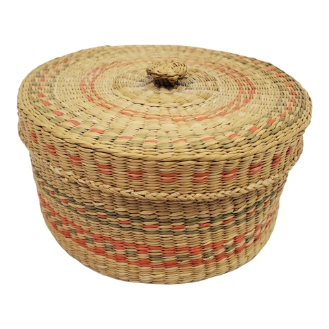 Vintage Hand Woven Sweet Grass Lidded Basket Orange And Green Boho Cover