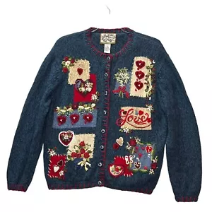 Heirloom Collectibles Womens Sweater Large Blue Red White Love Applique Cardigan - Picture 1 of 20