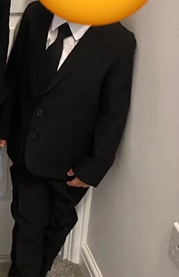 Boys Suit Jacket, Trousers And Shirt Age 4-5 in black. Suit from H&M, shirt Next - Image 1 of 4