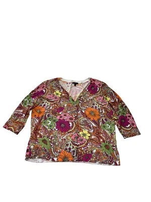 TALBOTS sz 1XP Floral Paisley 3/4 Sleeve Button Up V-Neck Cardigan PINK ORANGE - Image 1 of 4