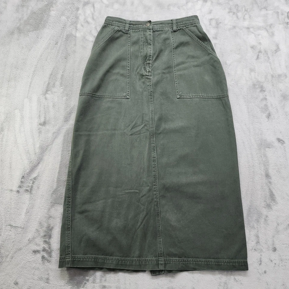 Falda Vintage Marsh Landing Talla 12 Verde Tiro Alto Midi Abertura Trasera Algodón Denim Foto 1 de 4