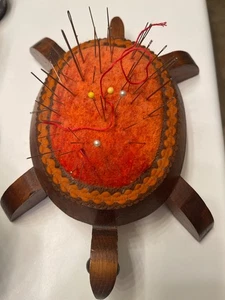 Vintage 1970's Sewing Pin Cushion Wooden Turtle Figure Velvet Cushion. - Picture 1 of 5