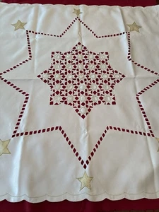 Embroidered & Cutwork Satin Tablecloth Gold Christmas Stars 34” Square - Picture 1 of 12