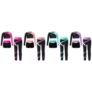 Kids Girls Set 3Pcs Outfit Training Tracksuit Workout Color Block Sports Yoga - Picture 1 of 22