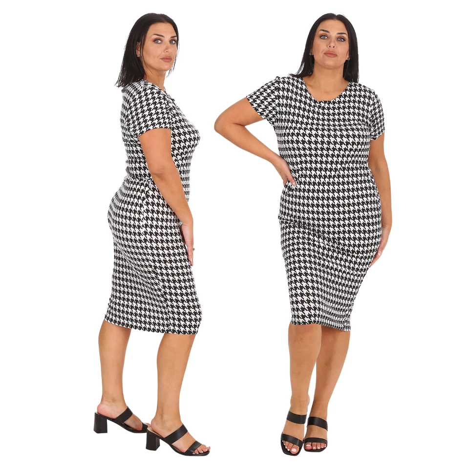 Nouvelle Women Plus Size Houndstooth Short Sleeve Fitted Casual Bodycon Dress - Image 1 of 1