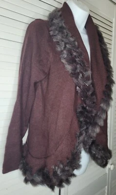 NWT Alfani Women's Wine Color Faux Fur Trim Open Front Cardigan Sweater Sz: PM - Image 1 of 4