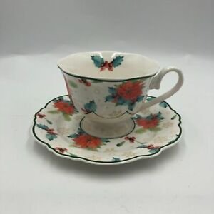 Eileen's Reserve New Anchor Inc Tea Cup and Saucer Set Poinsettia Floral Design