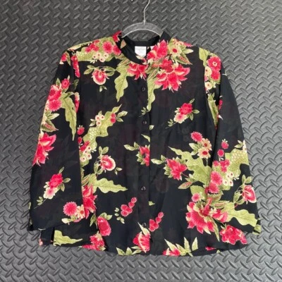 Blusa Emma James Petite Liz Claiborne Negra Floral Abotonada Manga Larga Talla 10P Foto 1 de 4