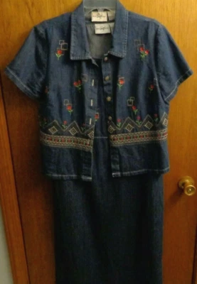 Conjunto Camisa de Vestir Larga Studio Ease Denim Jersey Bordada Floral Mujer M 10 38" Foto 1 de 4