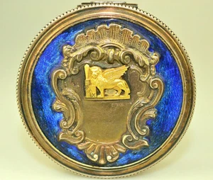 VTG 800 SILVER ENAMEL & 18K GOLD WINGED LION 2.25" HINGED TRINKET PILL BOX ITALY - Picture 1 of 11