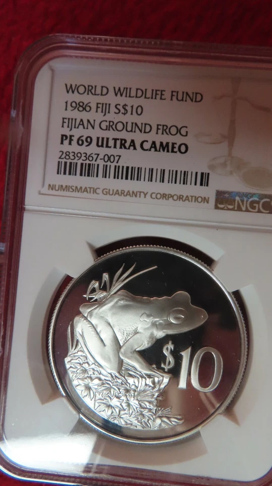 1986  Fiji Fijian Ground Frog Silver Coin NGC PR69 World Wildlife Fund WWF RARE! - Image 1 of 4
