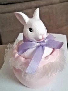 Vintage Porcelain Easter Bunny Trinket Box Egg Shaped Pink/White/Purple   - Picture 1 of 8