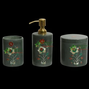 Grey Marble Inlay Bathroom Accessories Set Soap Dispenser, Tumbler, Cotton Box - Picture 1 of 6