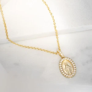 Miraculous Medal 18k Gold over Silver Virgin Mother Mary Pendent Necklace cz set - Picture 1 of 17