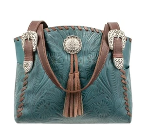 American West Lariats And Lace Zip Top Tote With Concel Carry Pocket Teal Leathe - Picture 1 of 21