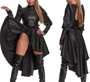 Women’s Gothic Black Faux Leather High Low Skirt with Lace Detail - Picture 1 of 11