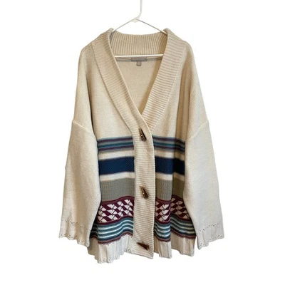 Женщина в Aztec печати кардиган свитер переключения кнопки кремовый синий 2 X 22-28 - Изображение 1 из 4