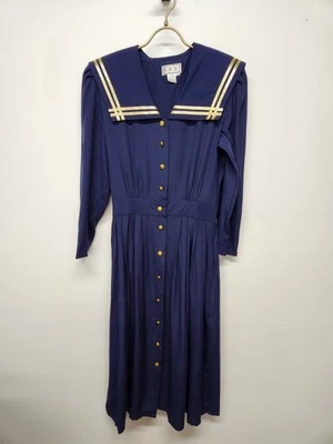 Vintage L.G.S. Vestido midi/maxi náutico de manga larga con botones para mujer azul marino, talla 10 Foto 1 de 4