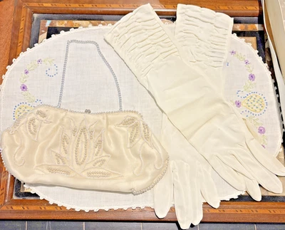 Guantes formales vintage blancos Max Mayer de nailon/rayón talla 7/bolso de Debbie Foto 1 de 4