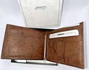 Vintage Amity Mens Womans Flip Fold ID Wallet Dark Brown Leather New in Orig Box - Picture 1 of 12